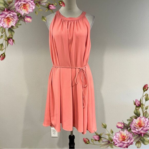 New York & Co Elegant Coral Sleeveless mini Dress with belt size medium - Picture 1 of 12